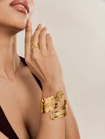 Altistry 2pcs Boho Style Jewelry Set For Women, Wrinkled Leaf Shaped Geometric Open Bangle Bracelet And Adjustable Ring, Suitable For Daily Accessories, Vacation, Dating, Shopping, Party, Gift For Mother, Wife, Girlfriend