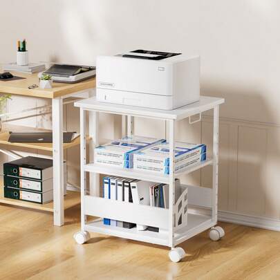 Printer Stand With Casters, Computer Rack, 3-Tier Storage, Shelf, Laser Multifunction Printer, A3, Large Side Table, Width 60, Depth 50, Height 70cm, 9-Level Adjustment, Handle, A4 File, Laser Printer, Load Capacity 90kg, Office, Home Use, Sturdy, PC Wagon, Side Desk