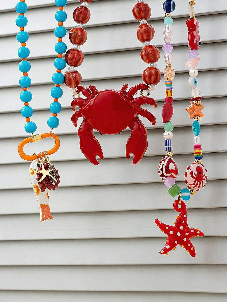 1件女用多色串珠海灘項鍊，琺瑯螃蟹海星魚吊墜項鍊，波希米亞風夏季海灘海洋生物誇張項鍊 - 彩色 - 查看 1