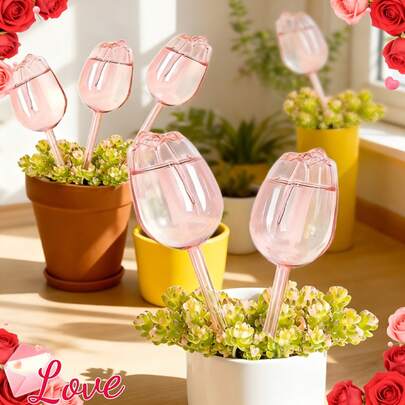 3pcs Pink Tulip Shaped Watering Globes, Narrow Mouth Design For Prolonged Drip Time, Suitable For Indoor & Outdoor Potted Plants, Hanging Baskets, Gardening Tools And Lawn Care Accessories, Automatic Plant Watering Globes, Ideal For Drip Irrigation, Perfect For Indoor/Outdoor Gardens, Potted Plants, Flowers And Bonsai