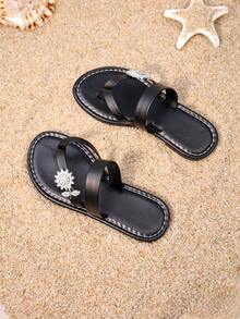 1 Pair Girls' Delicate Rhinestone Flower Slide Sandals For Versatile Outdoor Summer Use - Black - View 2