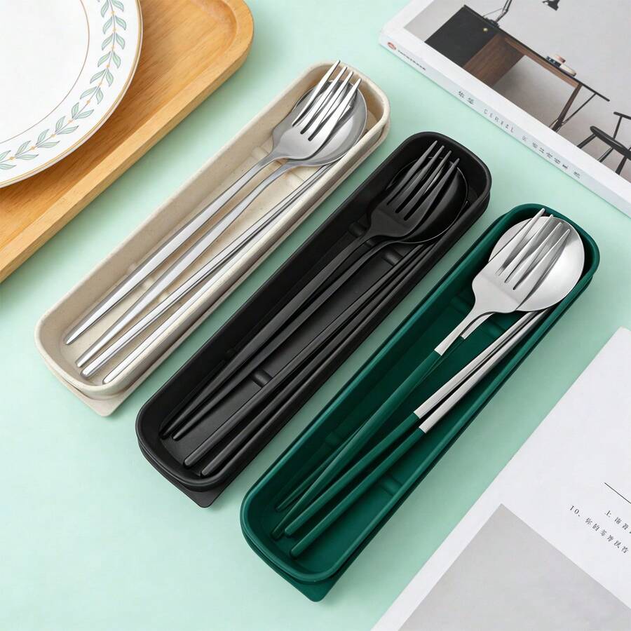 Set Peralatan Makan Stainless Steel 4 Buah yang Dapat Digunakan Kembali, Termasuk Garpu, Sendok, dan Sumpit, dengan Wadah Peralatan Makan Portabel, Cocok untuk Piknik, Berkemah, Kembali ke Sekolah, Perjalanan, dan Penggunaan Sehari-hari, Set Hadiah Peralatan Makan Minimalis Gaya Cina - - - View 1