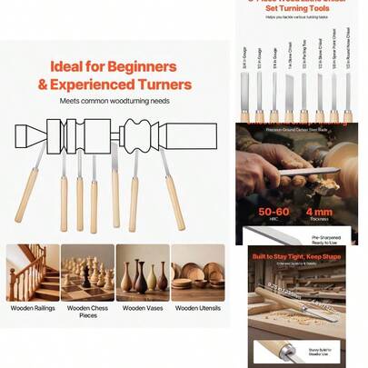 Wood Lathe Turning Set, 8PCS, Lathe Chisel Set With Carbon Steel Blade, 2 Skew, 1 Spear Point, 1 Parting, 1 Round Nose, 3 Gouge Tools, 1 Oxford Bag, Beginners, Hobbyists, Professionals