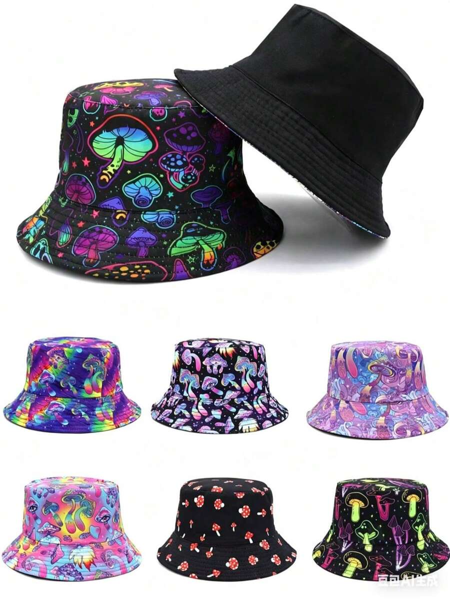 1 chiếc mũ tai bèo hai mặt in hình nấm thời trang, kiểu dáng hiphop Y2K unisex. - A - Xem 1