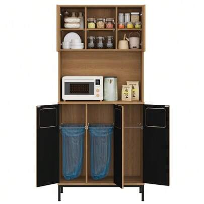 Trash Cabinet, Three-Door Kitchen Cabinet With Waste Separation, 181cm High Tall Cabinet In Oak Look, 3 Compartments For Waste Sorting, Microwave Shelf & Storage Space For Vacuum Cleaner, 80x35x181cm