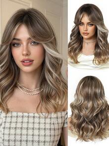 Tóc giả dài trung bình, 20 inch, màu vàng óng ánh, kiểu gợn sóng, có mái, chất liệu sợi tổng hợp chịu nhiệt dành cho nữ, thích hợp sử dụng hàng ngày, đi làm, dự tiệc, Halloween, Giáng sinh, Lễ Tạ ơn, đám cưới, dạ hội, hẹn hò, sinh nhật, kỳ nghỉ. Tóc giả cao cấp chất liệu sợi tổng hợp, kiểu dáng tự nhiên, thoải mái, dài trung bình, kiểu gợn sóng, thích hợp cho nữ, dự tiệc, cosplay, màu vàng hoe. - Làm nổi bật tóc vàng - Xem 2