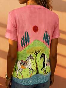 女士夏季度假风海洋、海马、章鱼、贝壳、珊瑚、字母印花短袖休闲衫 - 彩色 - 查看 5