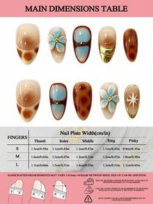 LIVENTO 10pcs Handmade Press On Nails With Almond Shape, Featuring Amber Hand Painted Details, 3D Carved Floral Accents And Blue-White Gradient Design. Hand Painted Acrylic Handmade Press On Nails Perfect For Women Who Enjoy Artistic Nails. - 琥珀色 - 查看 4