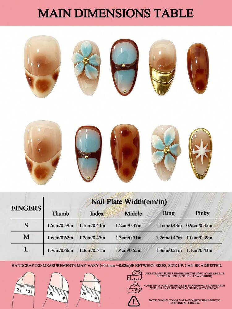 LIVENTO 10pcs Handmade Press On Nails With Almond Shape, Featuring Amber Hand Painted Details, 3D Carved Floral Accents And Blue-White Gradient Design. Hand Painted Acrylic Handmade Press On Nails Perfect For Women Who Enjoy Artistic Nails. - 琥珀色 - 查看 4