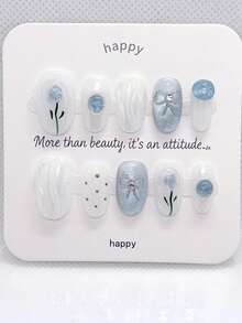 10 piezas de pegatinas de uñas blancas cortas cuadradas y redondas pintadas a mano, uñas postizas acrílicas con patrones florales y de puntos, adecuadas para mujeres y niñas, hechas a mano - Azul y blanco - Ver 5