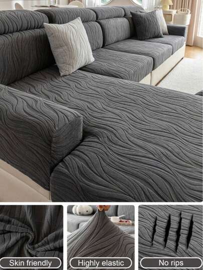 1pc Sherpa Jacquard Sofa Seat Cushion Cover, Decorative, Pet-Friendly, Anti-Dust, Elastic, Wavy Pattern, Non-Slip, Machine Washable, Suitable For L-Shaped Sofa, 1/2/3/4 Seater Sofa, Backrest Cover, Headrest Cover, Single Seat + Backrest Cover Set, All Seasons