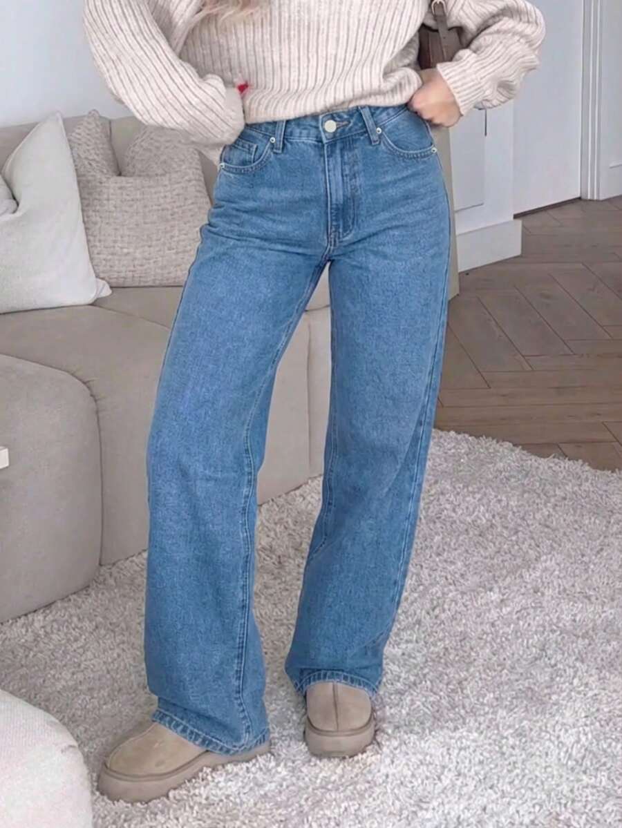 MYOURSA Celana Jeans Wanita Kasual Retro Model Lurus dengan Detail Sobek - Medium Wash - View 1