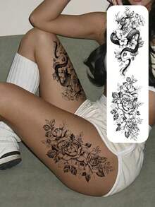 2pcs Black Dragon & Rose Flower Temporary Tattoo Stickers, Waterproof Realistic Tattoo Decals For Women's Arms, Legs, Suitable For Parties, Music Festivals - Black - View 2