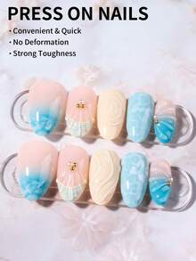 24片椭圆形3D凝胶美甲贴纸，花卉图案，包含1瓶胶水和1个指甲锉，适合短指甲，海洋/沙滩/夏季风格，适合女性日常、工作、度假、派对等场合使用。 - 彩色 - 查看 4