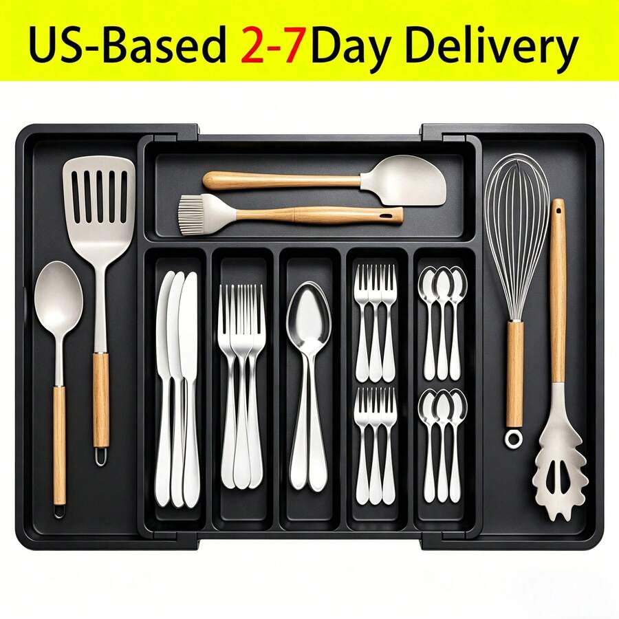 Silverware Drawer Organizer, Expandable Large Cutlery Tray, 6-8 Compartment Flatware Holder With Removable Dividers, For Forks Spoons Knives, Adjustable Kitchen Utensil Organizer, Black (22.4x15x11.3 In) - View 1