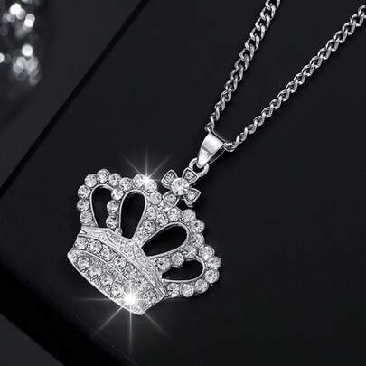 1PC Fashion New Hollow Crown Shape Pendant Necklace, Inlaid With Rhinestones, Suitable For Women's Daily Wear And Gifting