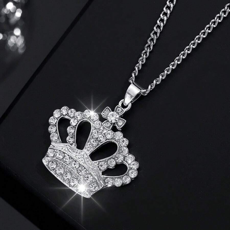 1 chiếc dây chuyền mặt dây hình vương miện rỗng thời trang mới, đính đá lấp lánh, thích hợp cho nữ giới đeo hàng ngày và làm quà tặng. - Bạc - Xem 1