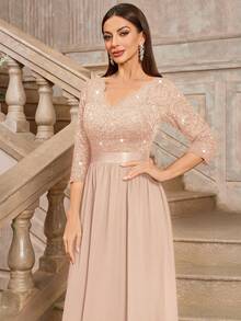 MIUSOL Elegant V-Neck Sequin Floral Lace Ruffle Chiffon 3/4 Sleeve Swing Party Dress, Suitable For Wedding Guest, Graduation Ceremony, Spring/Summer, A-Line Midi Dress, Mother's Day Outfit - Champagne - View 9