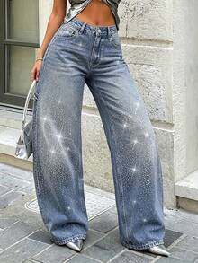 Damjeans med hög midja, vida ben och gradientblå strass, trendiga streetstyle-jeans - Mörktvätt - Visa 3