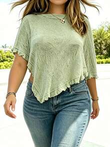 Women Sheer T-shirt, Short Sleeve Tops Ruffled Irregular See-through Summer Clubwear - Verde militar - Ver 5
