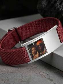 1pc Customized Stainless Steel Elastic Cord Bracelet, Colorful Photo Printing Available, Black And Silver Options. Fashionable And Versatile, Suitable For Summer Wear, Retro Minimalist Design With Personalized And Unique Style. - Photos and Text - View 3