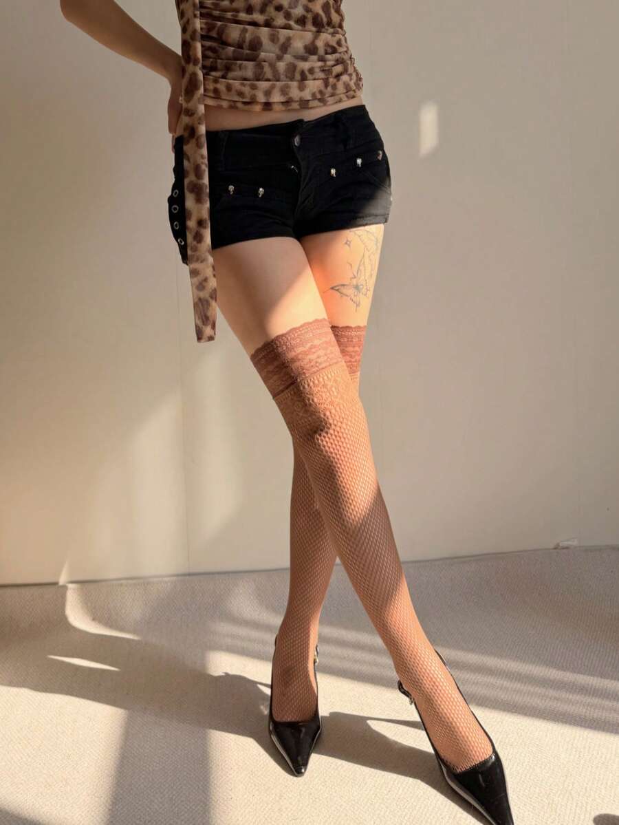 1 Pair Women's Spring Soft Pastel Lace Trim Fishnet Thigh High Socks, Versatile Wear - Brown - View 1