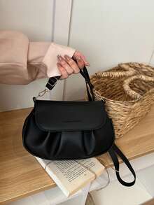 2026 Nueva llegada Bolso bandolera pequeño de nicho para mujer, bolso minimalista y elegante con diseño de solapa plisada en forma de nube, primavera/verano - Negro - Ver 2