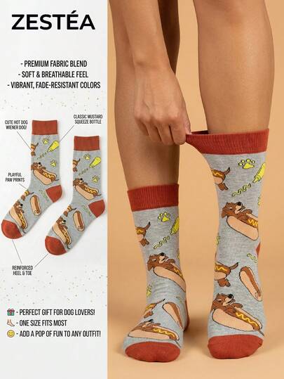 1 Pair Unisex Grey Base Dachshund Hot Dog Mustard Paw Print Patchwork Elastic Comfortable Breathable Soft Skin-Friendly Personalized Pet Style Mid-Calf Socks, Suitable For Students, Casual And Commuting