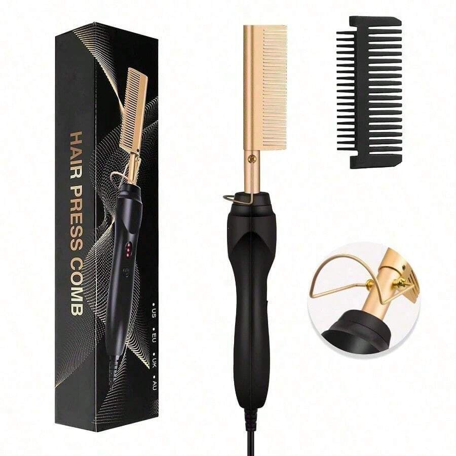 Electric Hair Straightening Comb - Portable, Travel-Friendly, Anti-Scald Straightener With Ceramic Heating - Dual-Function Styling Brush (For Curling & Straightening) - Suitable For Wet Or Dry Hair And Wigs - Unisex Design - Black - View 1