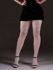 Jacquard Fishnet Stockings, Floral Hollow Out Leggings, Sexy & Fashionable, Suitable For Party, Home, Office, Halloween Gothic Style, Back To School - 白色 - 查看 4