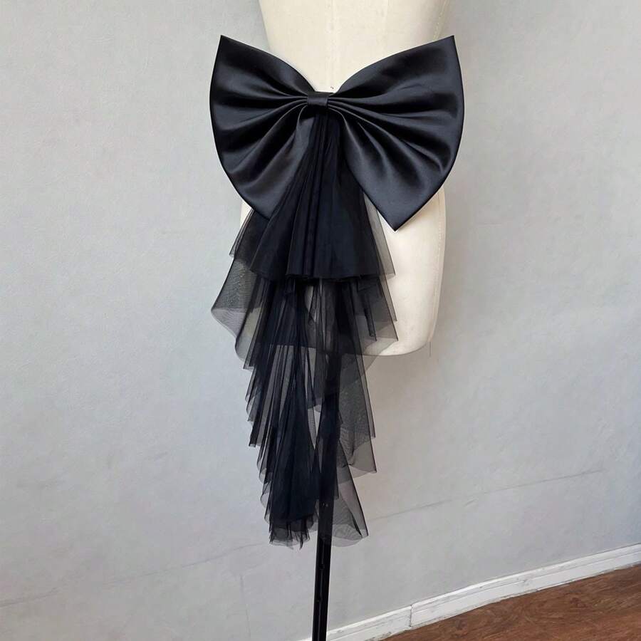 1pc White Satin Oversized Bow Backpiece Accessory, Asymmetrical Mesh Ribbon Waist Decor,Summer,Beach,Wedding - Multicolor - View 1