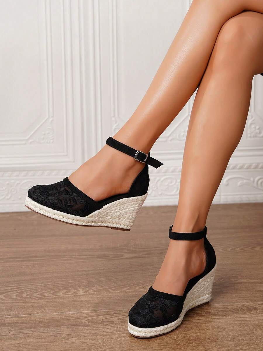 女士厚底坡跟一脚蹬鞋，女士厚底坡跟草编凉鞋，人造革坡跟凉鞋，夏季假日黑色圆头3.15英寸高跟踝带一脚蹬鞋，舒适编织草镂空鞋，尺码34-43（大码/小码），女士高跟鞋，女士高跟凉鞋，女士高跟鞋，优雅女鞋