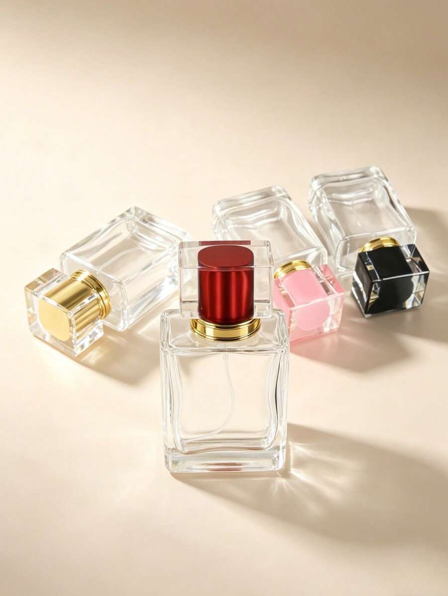 50ml Square Thick Glass Refillable Perfume Spray Bottle, With 4 Color Gold Rim Metal Cap (Red/Black/Pink/Gold), Leak-Proof Fine Mist Travel Size Cosmetic Container, Portable Luxury Perfume Atomizer For Fragrance, Essential Oils, Skincare, Ideal For Travel, Holidays, Birthdays, Gifts For Her/Him - Multicolor - View 1