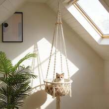1pc Macrame Cat Hammock, Bohemian Style Hanging Cat Swing, Handmade Tasseled Cat Bed, Cat Climbing Frame Hammock Decor - Cushion Not Included - Beige - View 1
