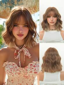 女士短款波浪卷发假发，带刘海，12英寸短波浪卷发，自然合成纤维，耐热，适合日常角色扮演、音乐节派对等场合佩戴。 - 亞麻金 - 查看 2