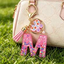 1pc Resin Letter Keychain With Butterfly & Pearl Decor, Minimalist Bag Charm, Holiday Gift For Women A-Z - Baby Pink - View 4