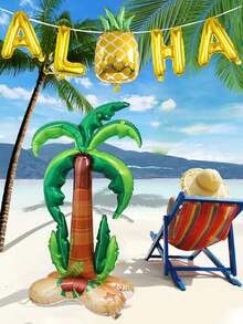6pcs Coconut Pineapple Foil Balloon Set, Includes Green Oversized Standing Coconut Tree Foil Balloon, Letter Balloons, Green Leaf Pineapple, Suitable For Summer Theme, Birthday Party, Tropical Aloha Party Decoration - Multicolor - View 3