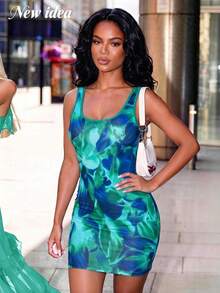 NEW IDEA Women's Sexy Green Floral Print Tank Top Short Summer Dress, Elastic Slim Fit Bodycon Dress, Suitable For Outings, Parties, Casual And Vacation Wear - Green - View 5