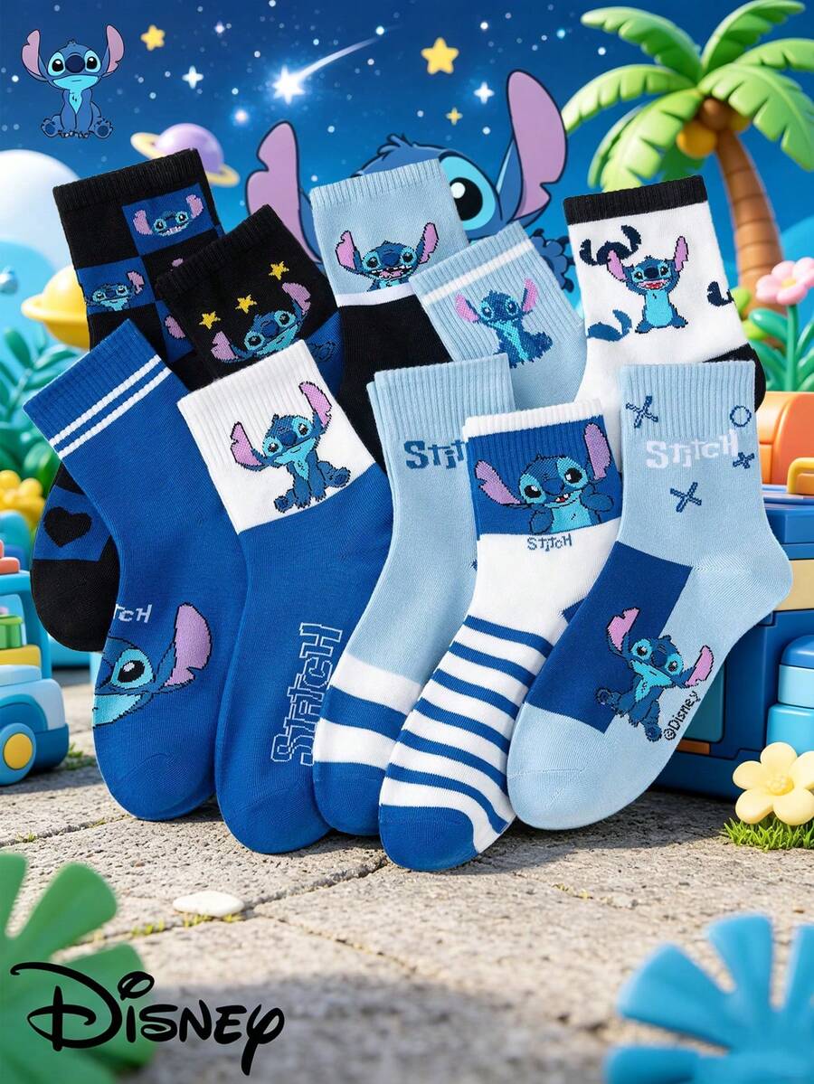 Disney 1/5/10 Pairs Lilo & Stitch Cartoon Kids Crew Socks, 2026 Cute Cartoon Socks, Unisex Children Breathable Elastic Crew Socks, School Essential, Suitable For Theme Parties, Birthday Gifts, Pair With Sneakers And School Uniforms, Must-Have For Stitch Fans - Multicolor - View 1
