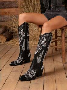 Cowgirl Outfits For Women Boots Pointed Toe Embroidered Thick Heels Festival Shoes Country Concert Botas Largas Para Mujer - màu đen - Xem 8