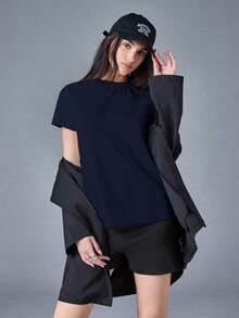 BASICS Camiseta de manga corta de cuello redondo, de color liso, para verano - Azul Marino - Ver 7
