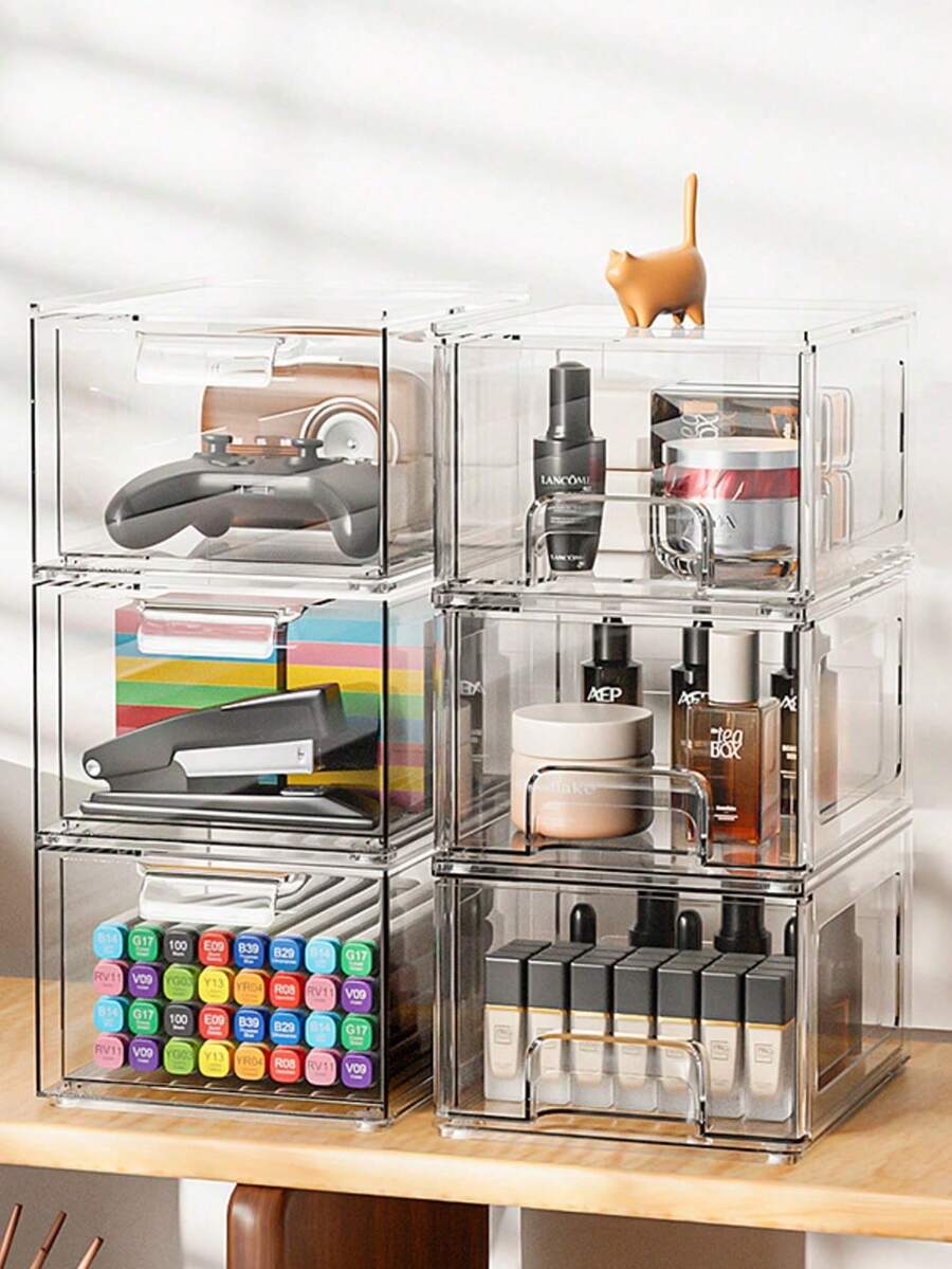 亚克力透明大容量桌面抽屉式收纳盒，适合存放化妆品和面膜。可用于堆叠存放口红，也可作为办公文具收纳盒。适用于客厅、餐厅、厨房、卧室、办公室等场所，也适合家庭聚会、婚礼和节日庆典等场合。 - 無色 - 查看 1