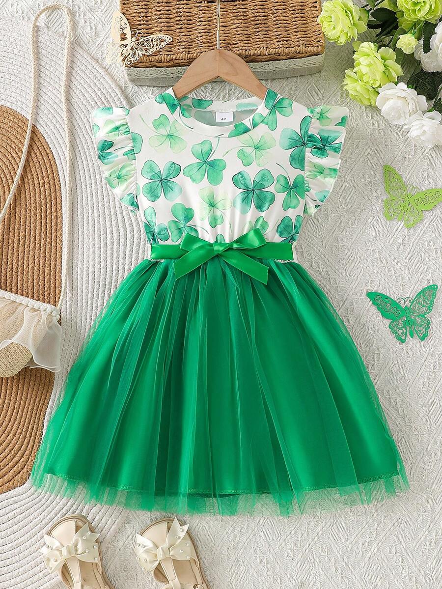 Đầm hè thanh lịch cho bé gái, cổ tròn, tay ngắn, họa tiết cỏ bốn lá tối giản phủ khắp đầm, kèm thắt lưng, đầm công chúa voan dễ thương, ngọt ngào, thích hợp cho mặc hàng ngày, dự tiệc, dạ hội, biểu diễn, ngày lễ Thánh Patrick. - màu xanh lá - Xem 1
