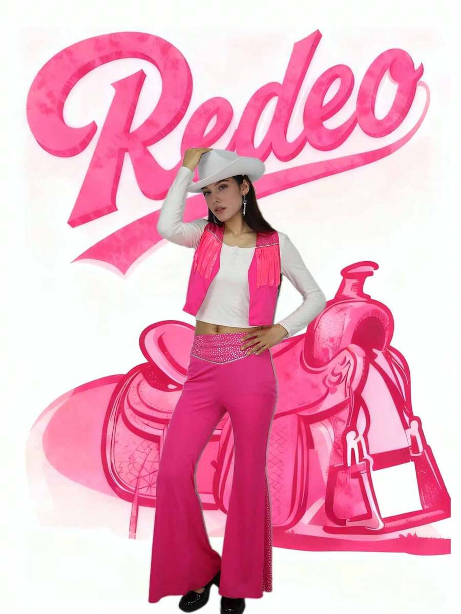 Pink Western Cowgirl Outfit: Pink Fringe Vest With Flare Pants, Eye-Catching Fashion, Suitable For Cosplay, Parties And Theme Performances Spring - Multicolor - View 1