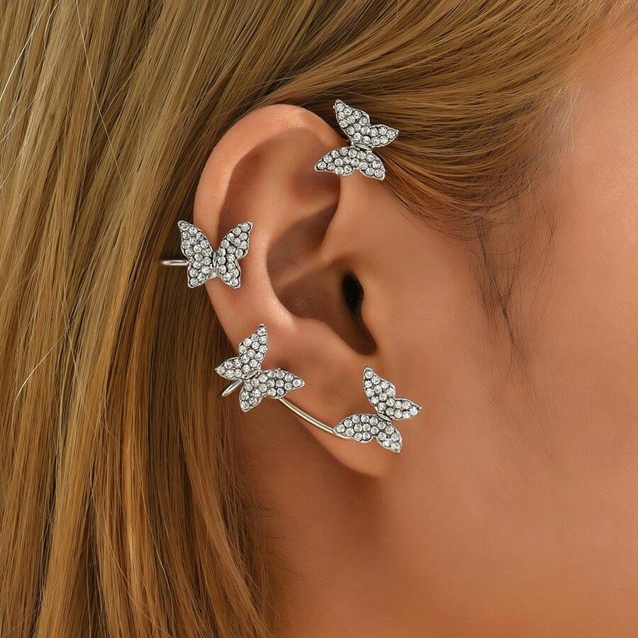 Clip de mariposa para la oreja derecha, pendientes sin perforación, pendientes de clip con diseño de mariposa para mujer, joyería personalizada con destellos