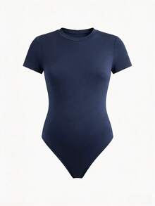 Maternity Bodysuit Solid Color Round Neck, Minimalist Versatile Slim Fit Summer - Navy Blue - View 8