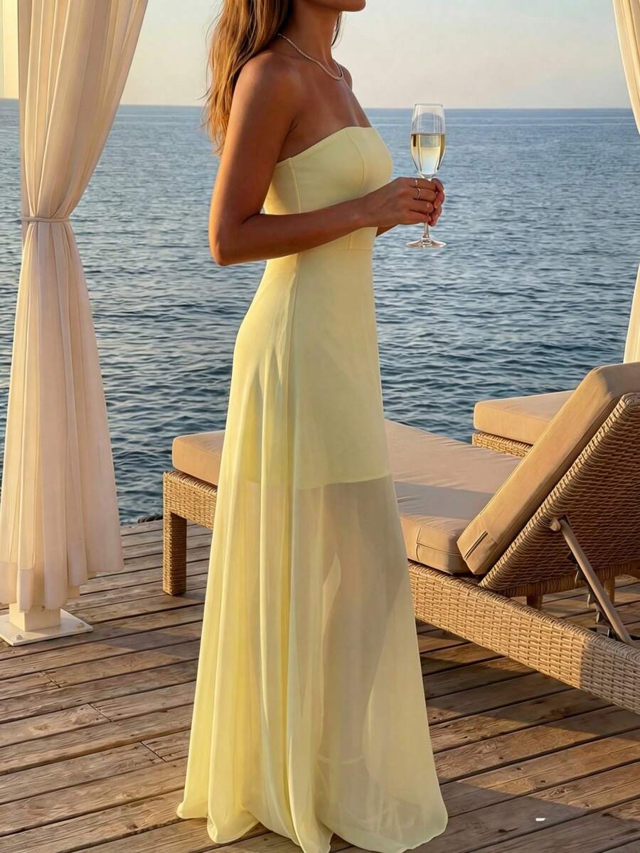 Đầm chiffon không tay, cúp ngực, chấm bi thanh lịch Plameo dành cho nữ, dáng chữ A ôm sát, chất liệu không co giãn, thích hợp cho các dịp hè/kỳ nghỉ/đi biển/hẹn hò. - Màu vàng - Xem 1