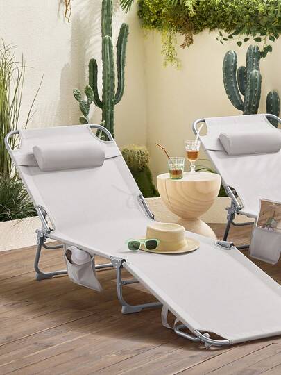  SoBuy Set Folding Sun Lounger Garden Lounger Folding Deck Chair With Headrest & Side Pocket Beach Lounger Balcony Relaxing Lounger 155x56x81cm For Garden Furniture Terrace Camping Beige OGS35-MI