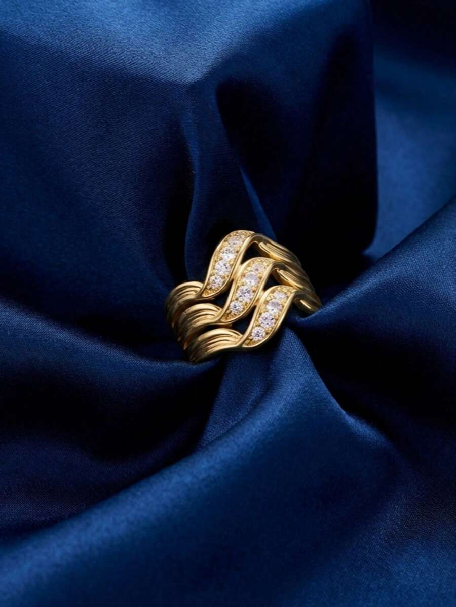 1 pieza Anillo de banda ancha de cobre con circonita asimétrica curva, adecuado para uso diario, fiestas, festivales y galas - Dorado - Ver 1
