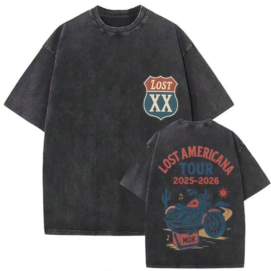 Rapper MGK Lost Americana Tour 2026 T-Shirts Vintage Washed Graphic T Shirt 's Hip Hop Short Sleeve T-Shirt - 13 - 查看 1
